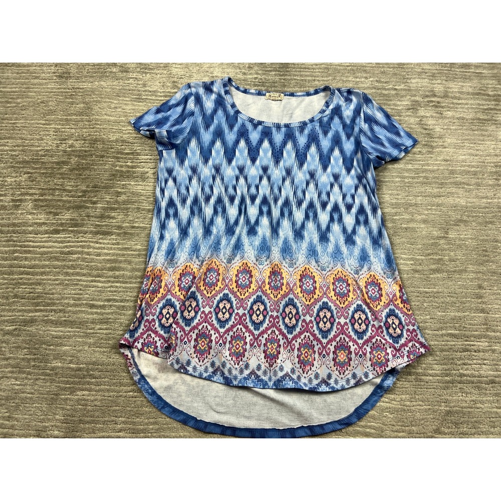 One World Tunic Top Womens Medium Blue Ikat Boho Medallion Short Sleeve High Low